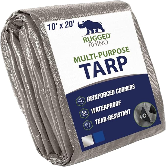 RUGGED RHINO All Weather 100% Waterproof Heavy Duty Tarp, 10x20, UV Temperature Resistant Tarps, High Durability Multipurpose Cover, for Home Outdoor Winter Snow Clean Up, Camping, 5 Mil, 1 PK Silver