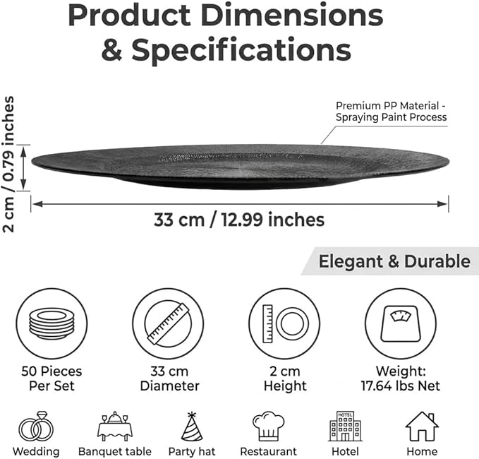 DYRABREST 50 Pcs 13 Inch Charger Plates, Bulk Round Charger Plates Plastic Wedding Dinner Elegant Reusable for Table Setting Wedding Party Event Tabletop Setting Decor (Black)