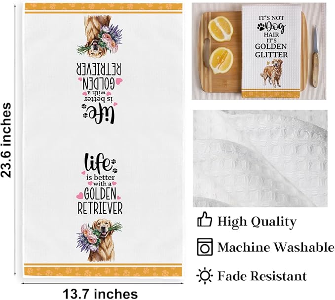 2Pcs Funny Dog Kitchen Towels 24x14 Inch, Cute Golden Retriever Waffle Weave Dish Towels for Kitchen Home, White Absorbent Microfiber Hand Tea Towel, Golden Retriever Gifts for Women Dog Lovers 2