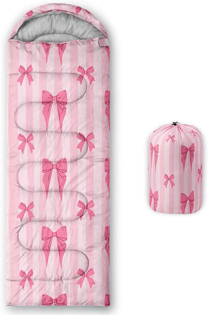 Colorful Bow Sleeping Bag, 3 Season Warm Cool Weather, Hand Drawn Bow Camping Sleeping Bag for Adult, Cute Bowknot Camping Backpacking for Outdoor Traveling Hiking Hunting Gear Equipment