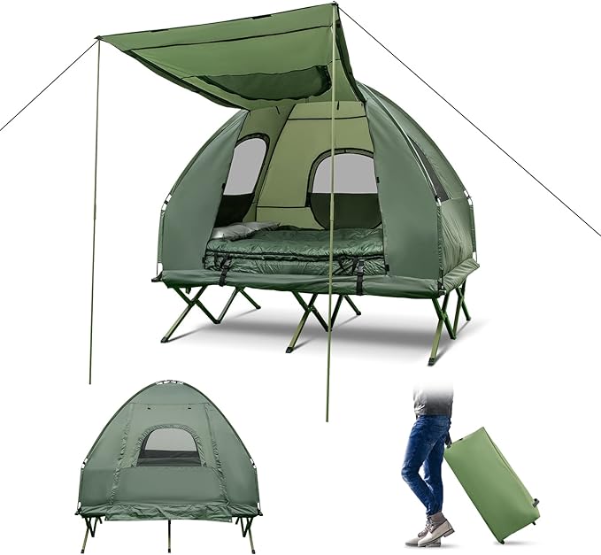 Goplus Camping Tent Cot, 5-in-1 Folding Camping Bed with Awning, Air Mattress, Sleeping Bag, Bedspread, Off Ground Elevated 1-2 Person Cot Tent with Carrying Bag, Air Pump for Camping Picnic Outdoor