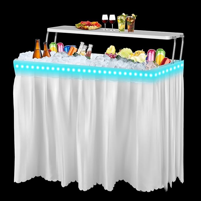 4 Foot Led Ice Cooler Table, Two-Tier Outdoor Cooler Table with Removable Matching Skirt LED Light Strip Drain Plug and Shelf, Plastic Chill Tables to Keep Drinks Cool for Party, Camping, Picnic