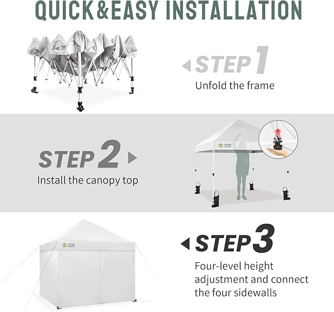 CROWN SHADES 10x10 Pop Up Canopy Tent Instant Commercial 1-Person Setup Patended Centerlock with 400D Fabric, 4 Sidewalls, 4" Wheels, 4 Upgraded Weights, Sto'N Go Bag, White