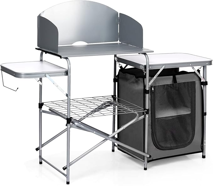 Giantex Folding Grill Table with 26'' Tabletop and Detachable Windscreen, Aluminum Portable Camp Cook Station Carry Bag Quick Set-up, BBQ Camping Picnic Backyard Outdoor Camping Kitchen Table (Grey)