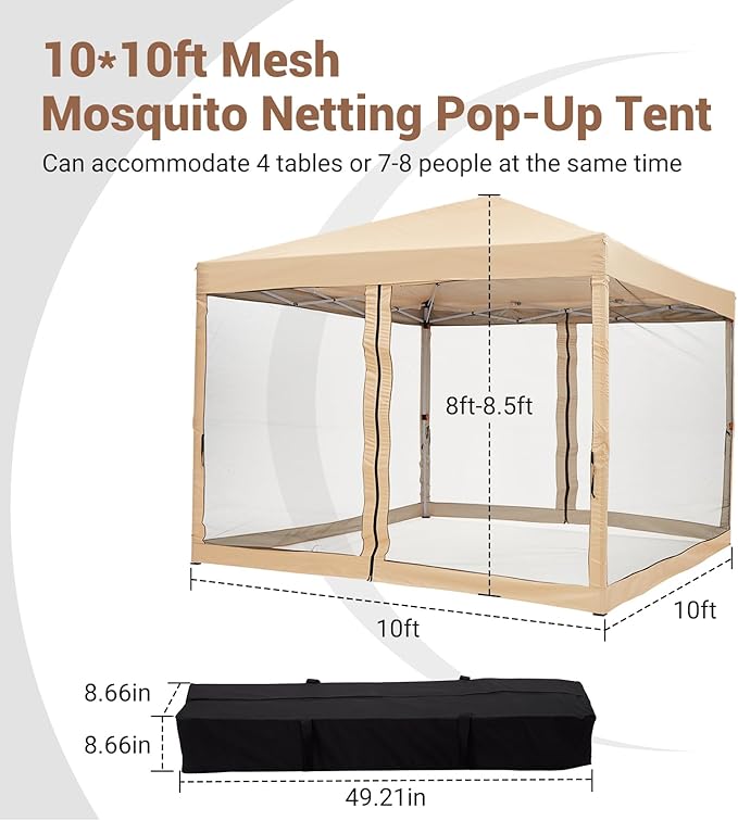 CABIHOME Quick Setup Pop Up Canopy Tent 10x10ft – Waterproof Outdoor Gazebo Shelter with Mesh Sidewalls & Mosquito Netting, Portable Folding Tent for Camping, Patio, Backyard, Events
