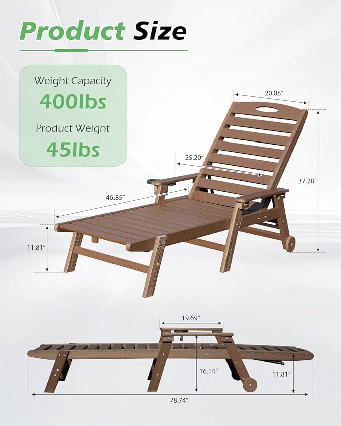 Domi Patio Lounge Chair Outdoor, HDPE Outdoor Chaise Lounge with Reclining Backrest, Pool Lounger Chair for Outside, Poolside, Sunbathing Tanning, Brown