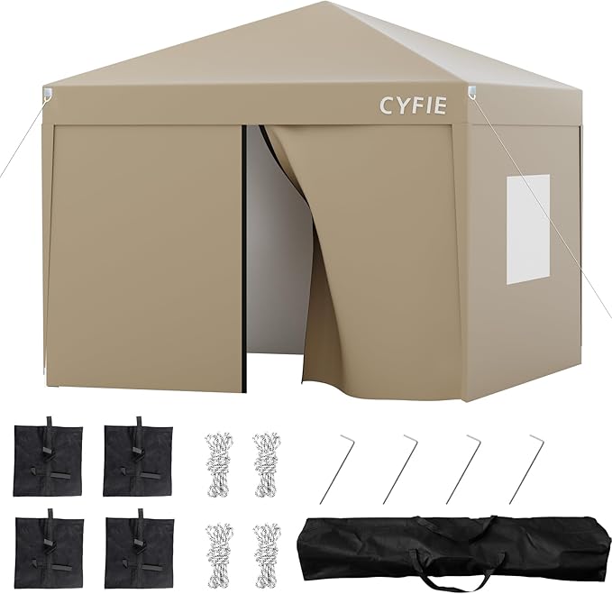 CYFIE 10'x10' Pop Up Canopy Tent with 4 Removable Sidewalls, Portable Instant Commercial Outdoor Canopy Gazebo with Stakes, Ropes, Sandbags for Outdoor Events, Beach, Camping, Vendor Events, Khaki