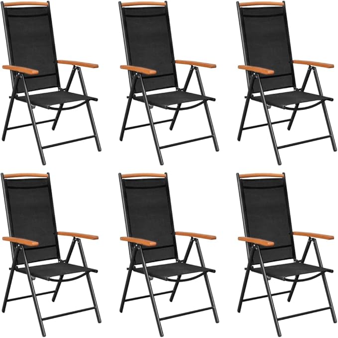 6-Piece Textilene Black Folding Patio Chairs with 7-Position Reclining Backrest, Lightweight Outdoor Lounge Chairs for Camping Beach Poolside (22.8x25.6x42.9 Inches)