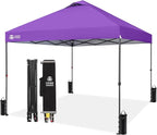 CROWN SHADES 10x10 Pop Up Canopy - Patented Center Lock One Push Instant Outdoor Canopy Beach Tent with STO-N-Go Bag 8 Stakes & 4 Sand Bags，Purple