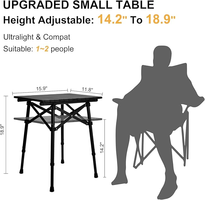 Folding Camping Table - Small Outdoor Table with Storage Bag - Adjustable Height 14.2'' & 18.9'', Portable Lightweight Aluminum Foldable Side Table for Picnic, BBQ, Beach & Tailgating (Small)