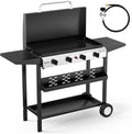 ROVSUN 4 Burner Portable Propane Griddle with Electronic Ignition, 40000 BTU Rolling Flat Top Gas Grill with Enameled Tray & Lid, Side Shelves & Regulator for Outdoor Cooking Camping BBQ Tailgating