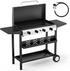 ROVSUN 4 Burner Portable Propane Griddle with Electronic Ignition, 40000 BTU Rolling Flat Top Gas Grill with Enameled Tray & Lid, Side Shelves & Regulator for Outdoor Cooking Camping BBQ Tailgating