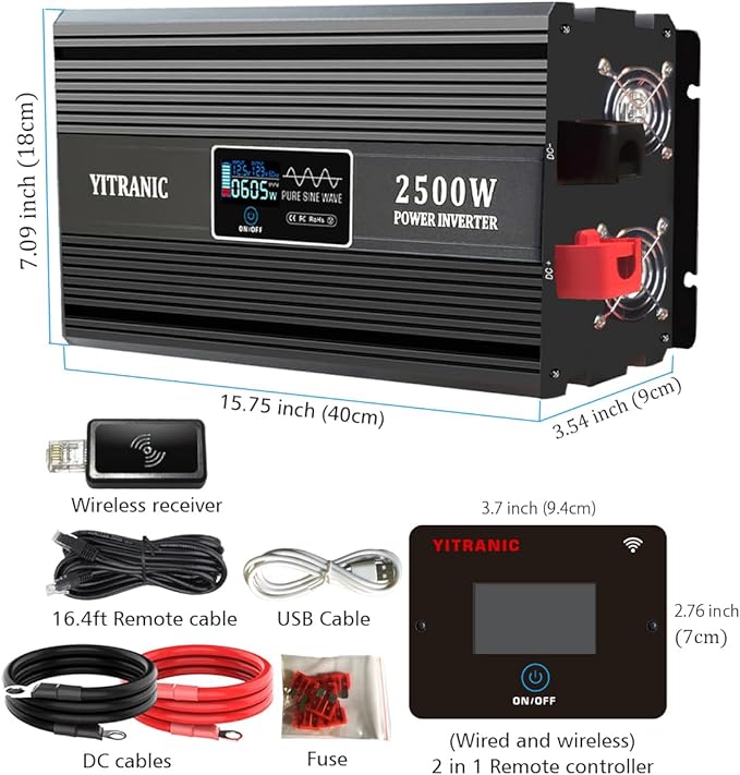 2500W Pure Sine Wave Inverter 12V DC to 120V AC, with164ft Wireless Remote & Dual USB/Type-C Fast Charging for RV, Home Emergency, Off-Grid Solar, Upgraded of 2000 watt Inverter