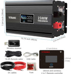 2500W Pure Sine Wave Inverter 12V DC to 120V AC, with164ft Wireless Remote & Dual USB/Type-C Fast Charging for RV, Home Emergency, Off-Grid Solar, Upgraded of 2000 watt Inverter
