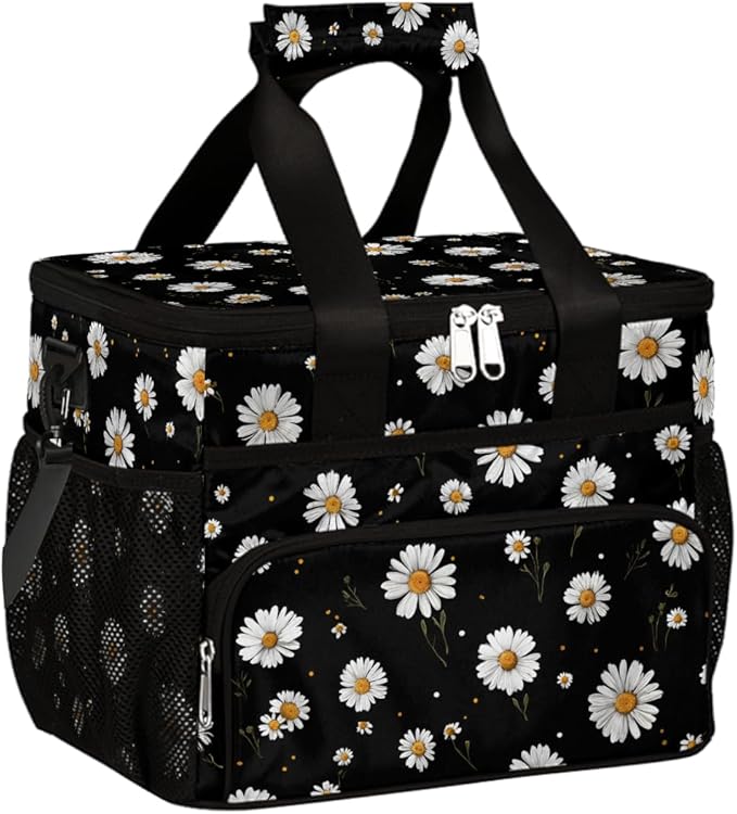 Pardick Daisy Flower Black Soft Cooler Bag Insulated Lunch Box for Men & Women, Large Leakproof Lunch Bag Portable Beach Cooler for Work, Picnic, Road Trips,Fishing, Travel, Camping,A-12