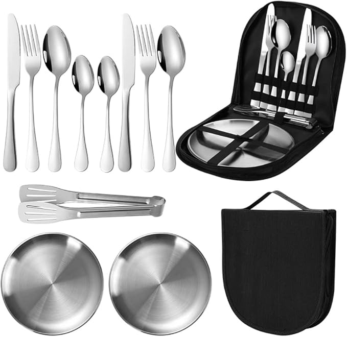 Travel Portable Silverware Set With Case Stainless Steel Camping Flatware Set 11 Piece Modern Cutlery Tableware Utensils Set for Picnic and Other Outdoor Activities Mirror Polished