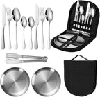 Travel Portable Silverware Set With Case Stainless Steel Camping Flatware Set 11 Piece Modern Cutlery Tableware Utensils Set for Picnic and Other Outdoor Activities Mirror Polished