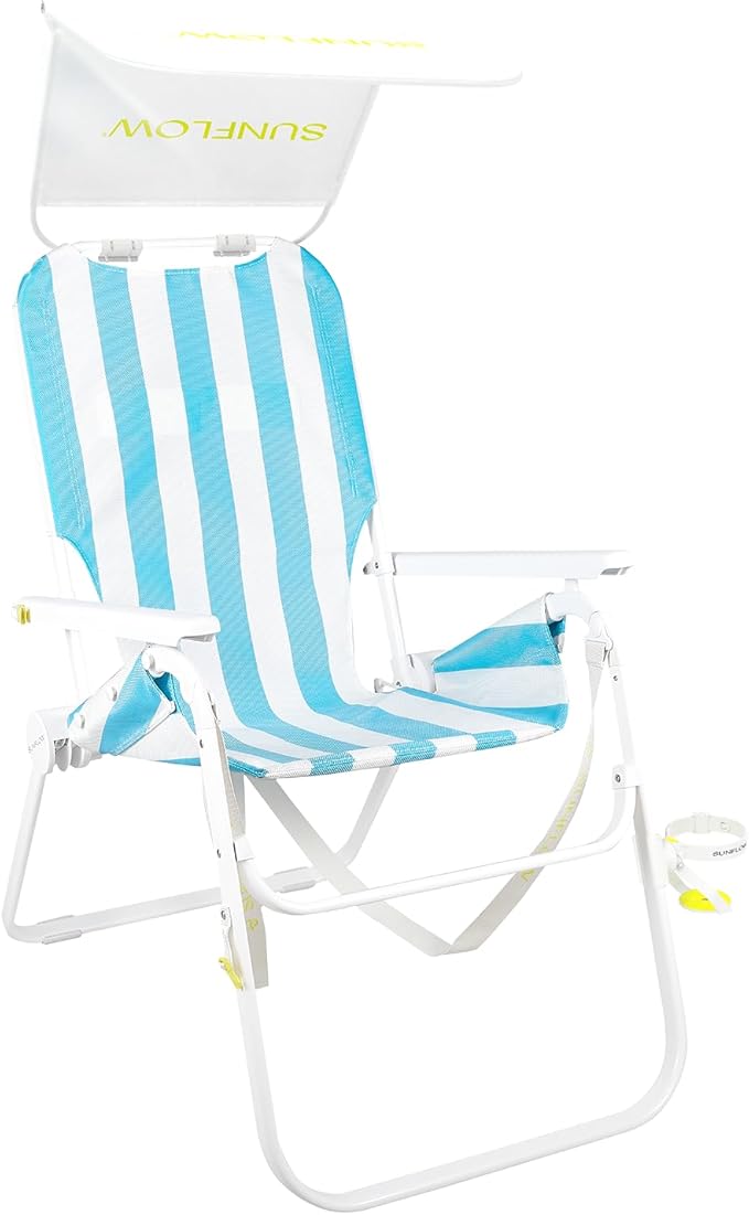 SUNFLOW The Tall Sand Dune Premium Beach Chair, Portable, Rust-Resistant, Adjustable Reclining Lounger with UPF 50+ Sun Shade and Drink Holder for The Ultimate in Comfort - Sky Blue Stripe