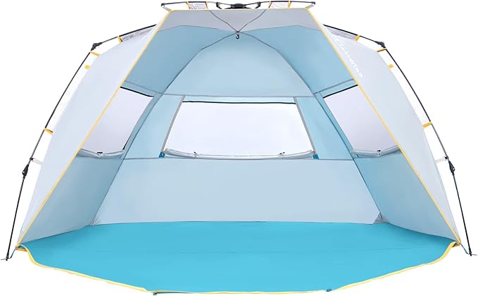 WolfWise 4-5 Person Beach Tent with UPF 50+ Sun Protection, Portable Ventilated Beach Shade Canopy with Extended Porch, Easy Setup & Windproof Design, Large, Blue