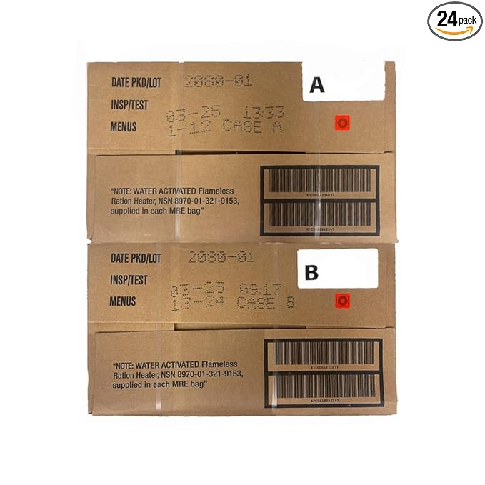 Meals Ready to Eat 2025, 2026 inspection A and B bundle cases. Genuine Military US surplus emergency food bulk supply full box with heater