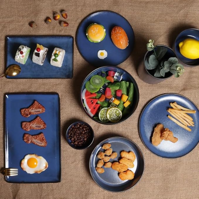 Camping Plates Blue Ceramic Tableware Nordic Style Western Steak Plate Sushi Rice Bowl Soup Salad Noodle Decorative Plate(7PCS)