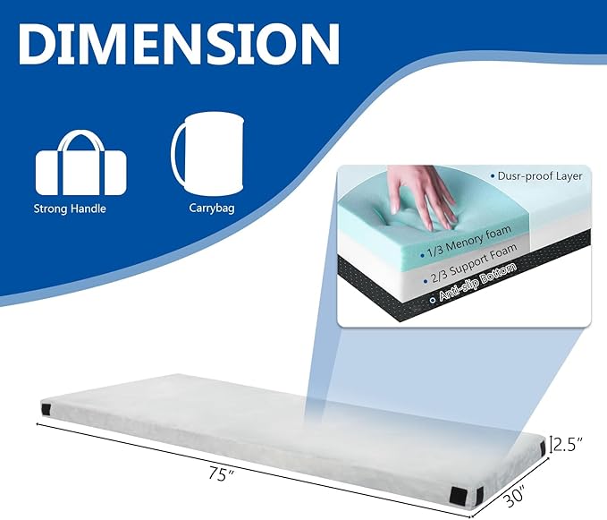 Memory Foam Camping Mattress Pad, Camping Essentials, Portable Mat, Guest Bed for Sleepover Car, Roll Up Floor Bed for Tent, Cot, Truck, SUV, Outdoor Travel with Travel Bag