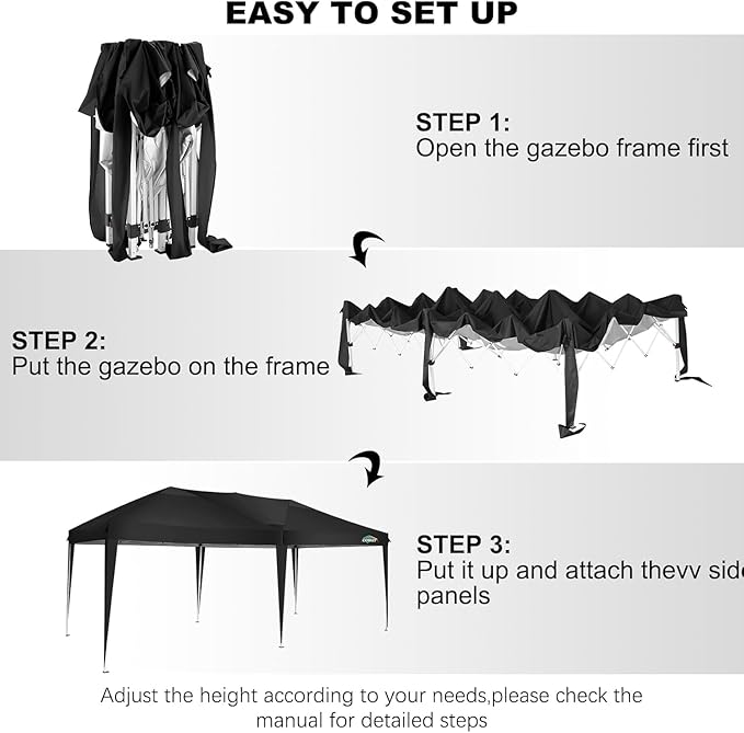 COBIZI 10x20 Pop up Canopy Tent Without Sidewall, Waterproof Portable Outdoor Canopy 10x20 Instant Shelter Tent for Parties, Wedding, Backyard, Carport with Carry Bag & 4 Sandbags(Black)