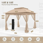 COOS BAY Pop up Gazebo 11x11, Instant Canopy Tent with Mesh Netting, Patio Gazebo with 121 Square Feet of Shade, 4 Weight Bags Included, Khaki