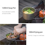 iBasingo Backpacking Cookset Titanium Camping Pots Set Ultralight Outdoor Picnic Pots Pans with Folding Handle Druable Portable Cooking Mess Kit Compact Picnic Dishes Bowls Cups (Multiple Sizes)