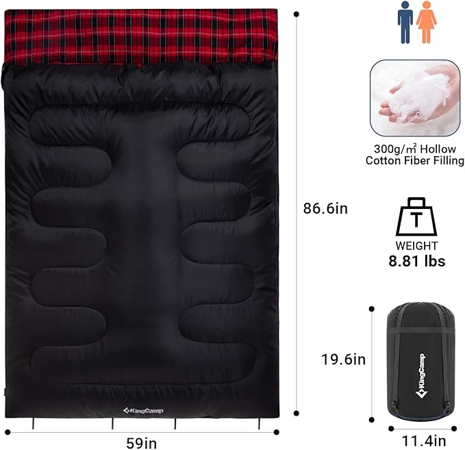KingCamp Double Sleeping Bag for Adults, Queen Size 2 Person XXL Flannel Sleeping Bag, Waterproof Lightweight Flannel Quilt with 2 Pillows, Perfect for Couples Family Camping Hiking