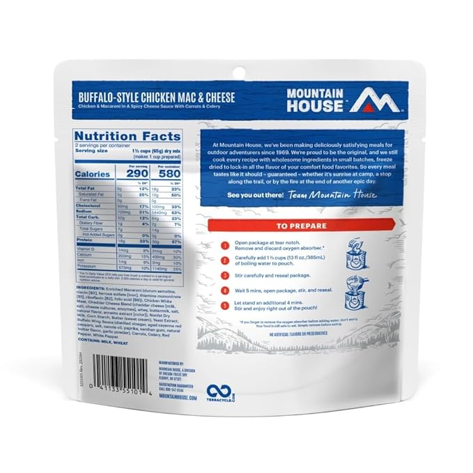 Mountain House Buffalo-Style Chicken Mac & Cheese Freeze-Dried Food for Camping, 12 Servings, 30-Year Shelf-Life