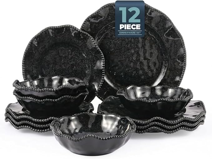 Melamine Dinnerware Sets Service for 4, Black Plates and Bowls Set with Beaded Edge, BPA Free Dishwasher Safe, Heavy Duty Shatterproof Unbreakable Tableware for Hallowmas Party Camping Outdoor