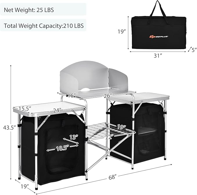 Goplus Folding Camping Kitchen Table with Storage, Aluminum Portable Outdoor Cooking Table with Windscreen, Foldable Camp Table Cook Station for BBQ, Grill, Party, Picnics, 68D x 19W x 43.5H in, Black