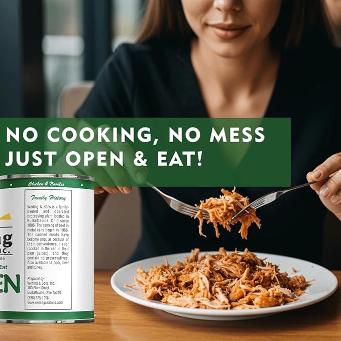 Werling & Sons Canned Chicken 14.5 Oz– Fully Cooked, Ready to Eat | Premium Quality, Recipe-Ready Canned Meat | 5-Year Shelf Life | Pantry Staple for Camping, Survival & Emergency Use | Made in USA | Pack of 6