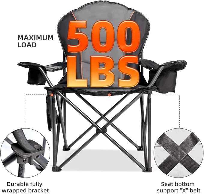 Large Camping Chair with Side Table Heavy Duty 500LBS - Folding Outdoor Chair with Cooler Bag (Black & Gray, 2 PCS)