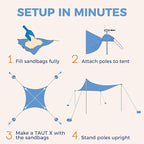 WEKAPO Beach Tent Sun Shelter - Easy Setup Beach Canopy with 4 Sturdy Poles, Extra Large Sandbags and Shovel, 7'8'' Tall, Windproof Sun Shade for Backyard and Camping, UPF 50+ Protection