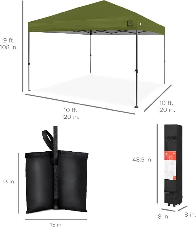 Best Choice Products 10x10ft Pop Up Canopy Tent, Outdoor Shade, 1 Person 1 Minute Set Up, Carry Case, 4 Weight Bags - Olive Green