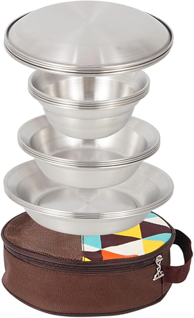 Set of 16 Stainless Steel Camping Plates Outdoor Dinnerware Barbecue Tableware Travel Friendly Meal Plate Cookwares Rusts Dinner Plates