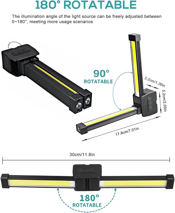 Gym Lamp, Portable Gym Lighting for Posing, Magnetic Work Light Rechargeable, Gift for Men/Women, 180° Rotate Foldable with Hang Hook Camping Lamp, USB Power Bank LED Handheld Flashlight-Black