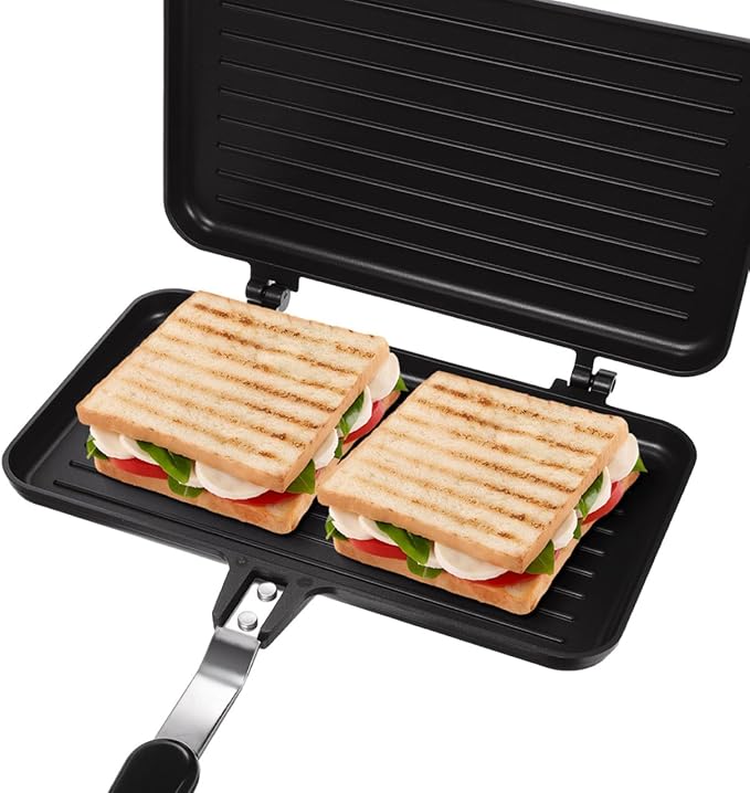 VOSAREA Sandwich Maker Grilled Sandwich Maker Pan Non-Stick Hot with Long Handle Double Sided Frying Pan Stovetop Toasted for Home Kitchen Breakfast Camping (Black)