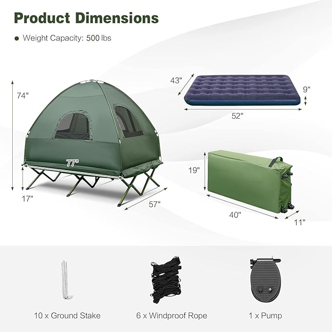 Goplus Camping Tent Cot, 5-in-1 Folding Camping Bed with Awning, Air Mattress, Sleeping Bag, Bedspread, Off Ground Elevated 1-2 Person Cot Tent with Carrying Bag, Air Pump for Camping Picnic Outdoor