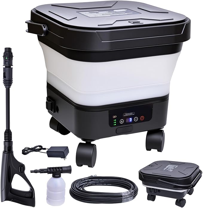 Portable Cordless Pressure Washer with 3.4Gal Tank, 580PSI Max, 7-Level Adjustable Sprayer, 360° Nozzle, 23FT Hose, 20000mAh Battery, Foldable Design with Wheels for Car, Camping, Garden