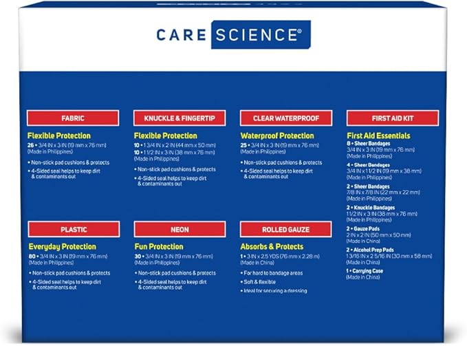 Care Science CarePak Variety Pack 203pc, Assorted | Includes Sheer, Waterproof, Plastic Bandages and a First Aid Kit. Breathable Protection for Use on Minor Cuts, Scrapes and Burns