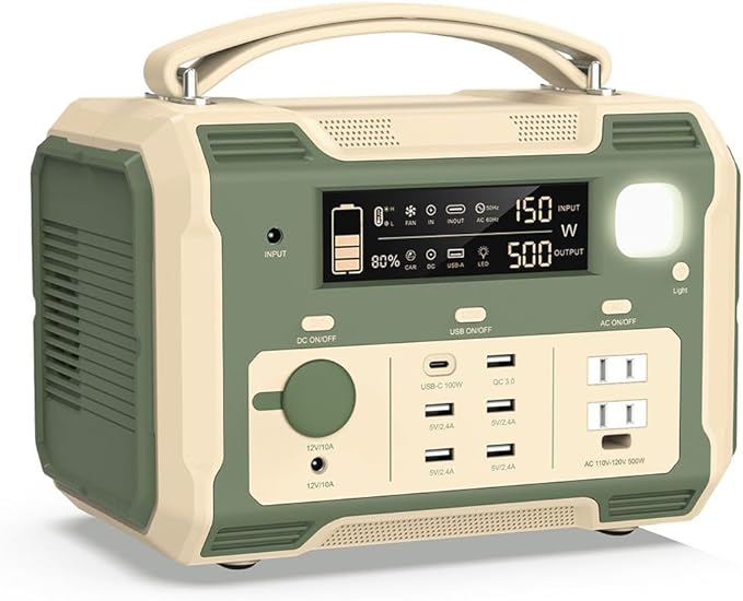 500W Portable Power Station 484Wh Solar Generator Backup Power Supply with 2 AC Outlets, 5 USB Ports and PD 100W Type-C Ports; Emergency LED Light for Outdoor Adventure Camping RV Emergency