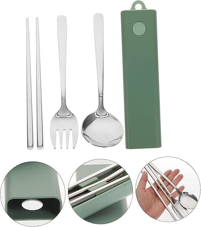 4 Sets Fork Spoon Chopsticks Stainless Steel Spoon Stainless Steel Utensils Set Travel Cutlery Reusable Spoon Spoon Fork Chopstick Portable Tableware Green Chopstick Rest