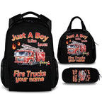 School Backpack for Boys, Custom with Name Set of 3 Fire Truck Kids School Backpacks Matching Combo for Kindergarten Preschool, Truck Bookbag and Pencil Pouch Bundle for Toddler Car Lovers