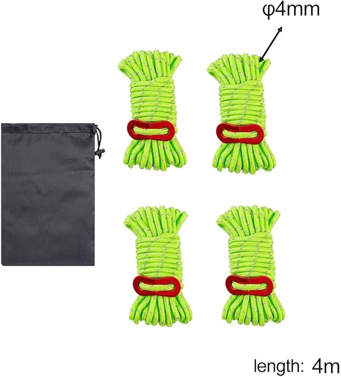 4 Pieces Tent Cords Reflective Guy Lines Heavy Duty Outdoor Climbing Ropes Lightweight Drawstring Bag Supplies for Hiking Travel Camping Backpacking S, Green