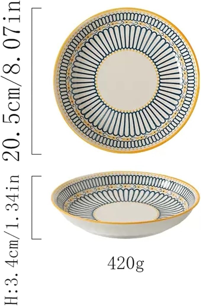 Camping Plates Ceramic Dinner Plate Home Kitchen Round Ceramic Tableware Retro Pattern Dessert Salad Plate Dinner Plate Decorative Plate(B)