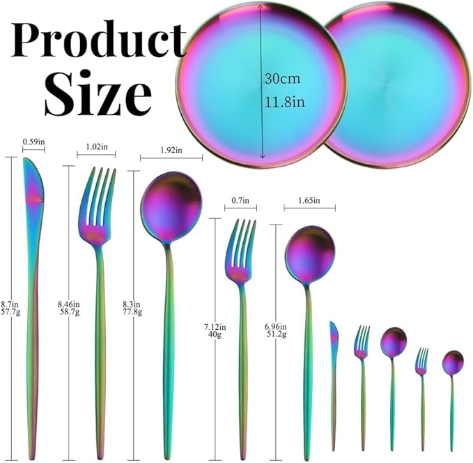 Dinner Plates Set with knife, fork，spoon,Stainless steel tableware，colourful metal dessert salad and steak plate, Services for 4,dinner camping, unbreakable & reusable (11.8inch)