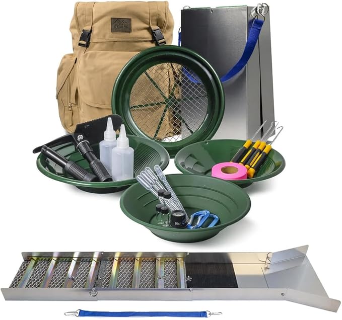 ASR Outdoor 24pc Deluxe 50" Backpack Folding Gold Sluice Box Kit Gold Prospecting Equipment Set, Khaki